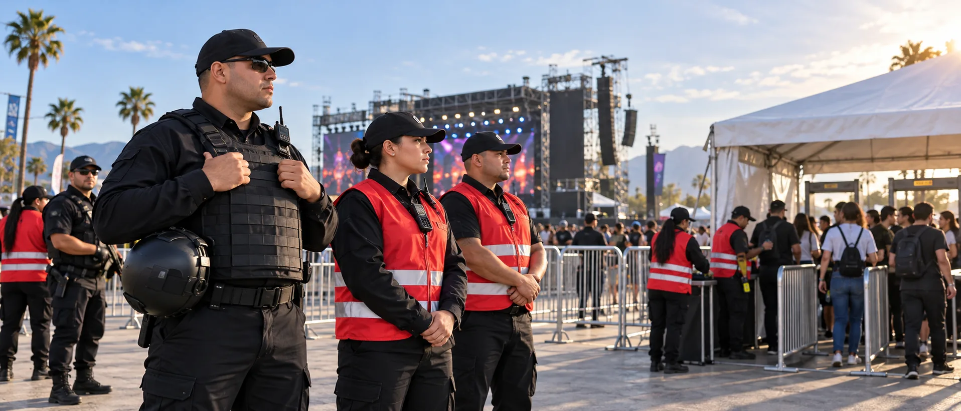 Personal de seguridad con equipos desplegados en un espacio de eventos